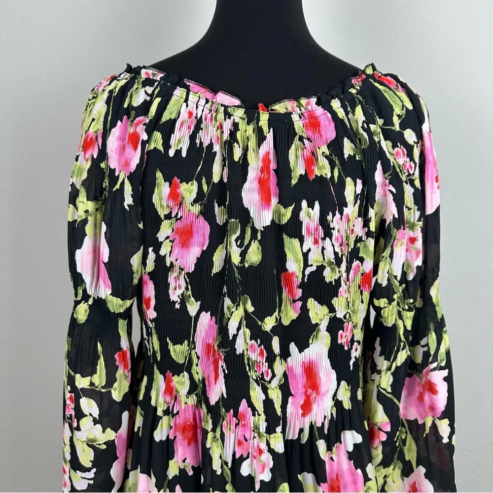 Floral & Ivy Floral Top Sz Large Sheer Pleated Stretch Flare Sleeve Peasant Boho - Picture 9 of 14
